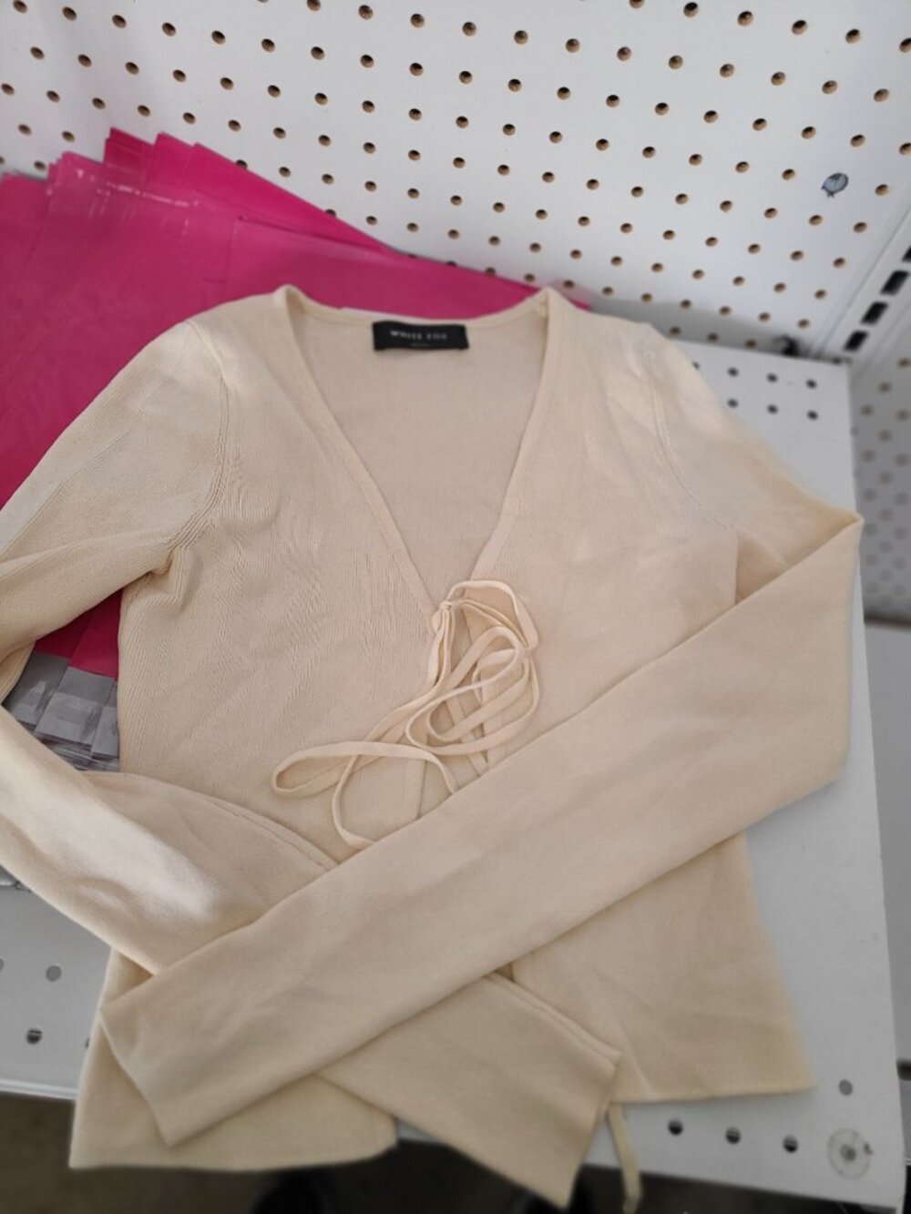 White Fox XS/S Beige Knit Wrap Top With Tie Detail Viscose & Nylon Blend Long Sl